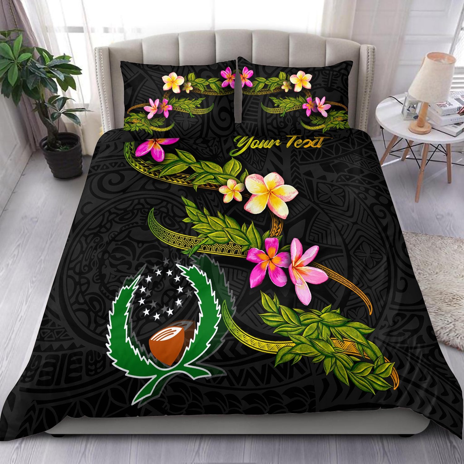 Pohnpei Polynesian Custom Personalised Bedding Set - Plumeria Tribal Black - Polynesian Pride