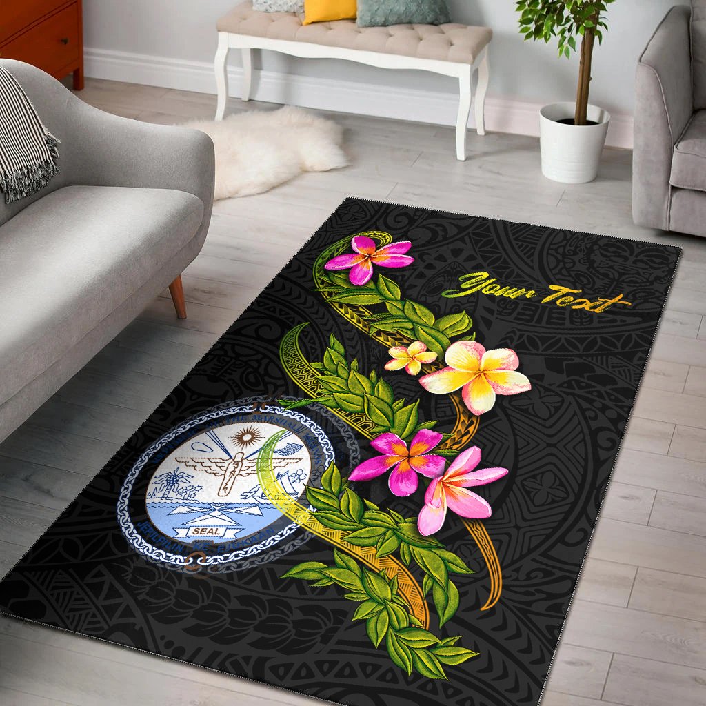 Marshall Islands Polynesian Custom Personalised Area Rug - Plumeria Tribal Black - Polynesian Pride