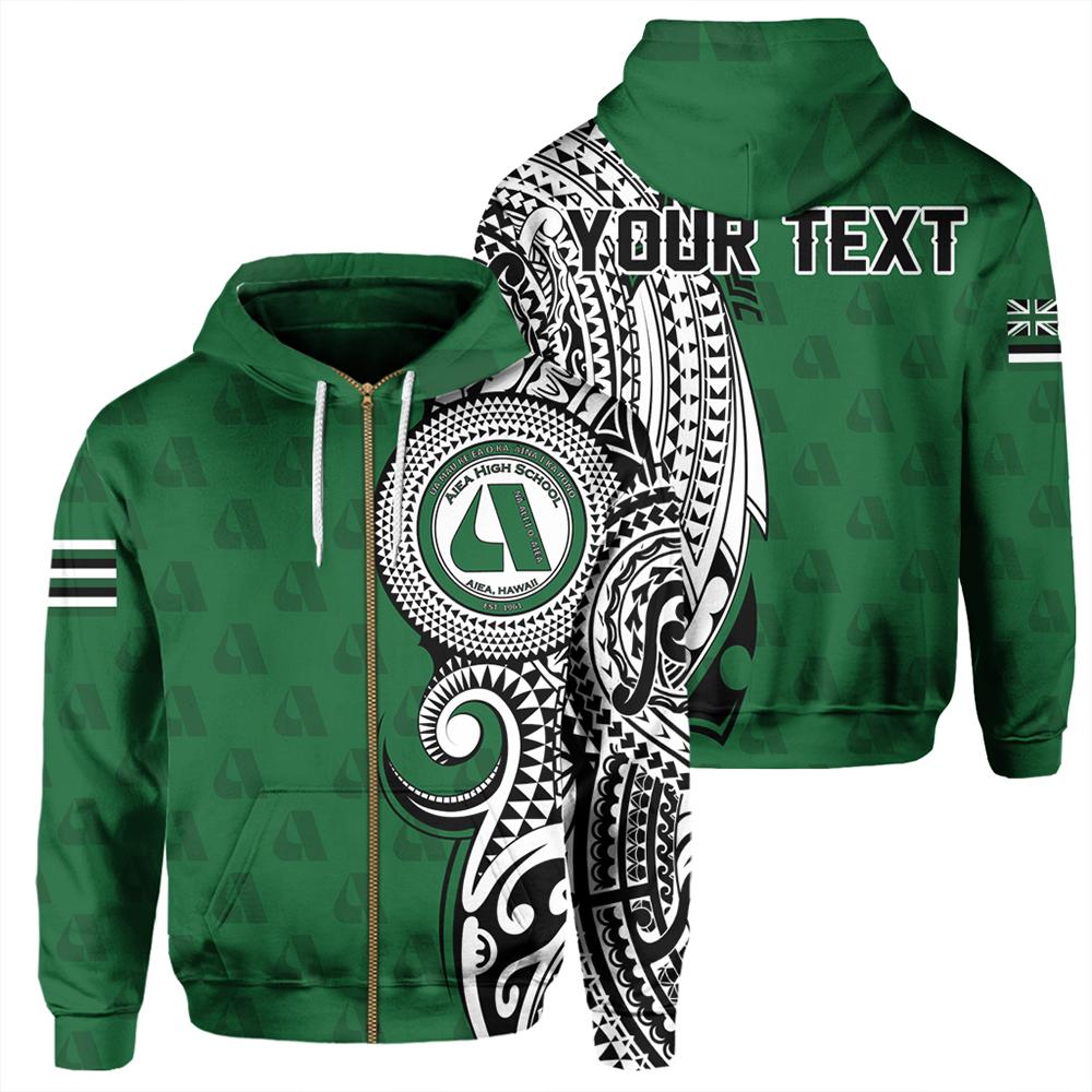 Custom Hawaii Hoodie Aiea High Tribal Kakau Zip Hoodie Unisex Green - Polynesian Pride