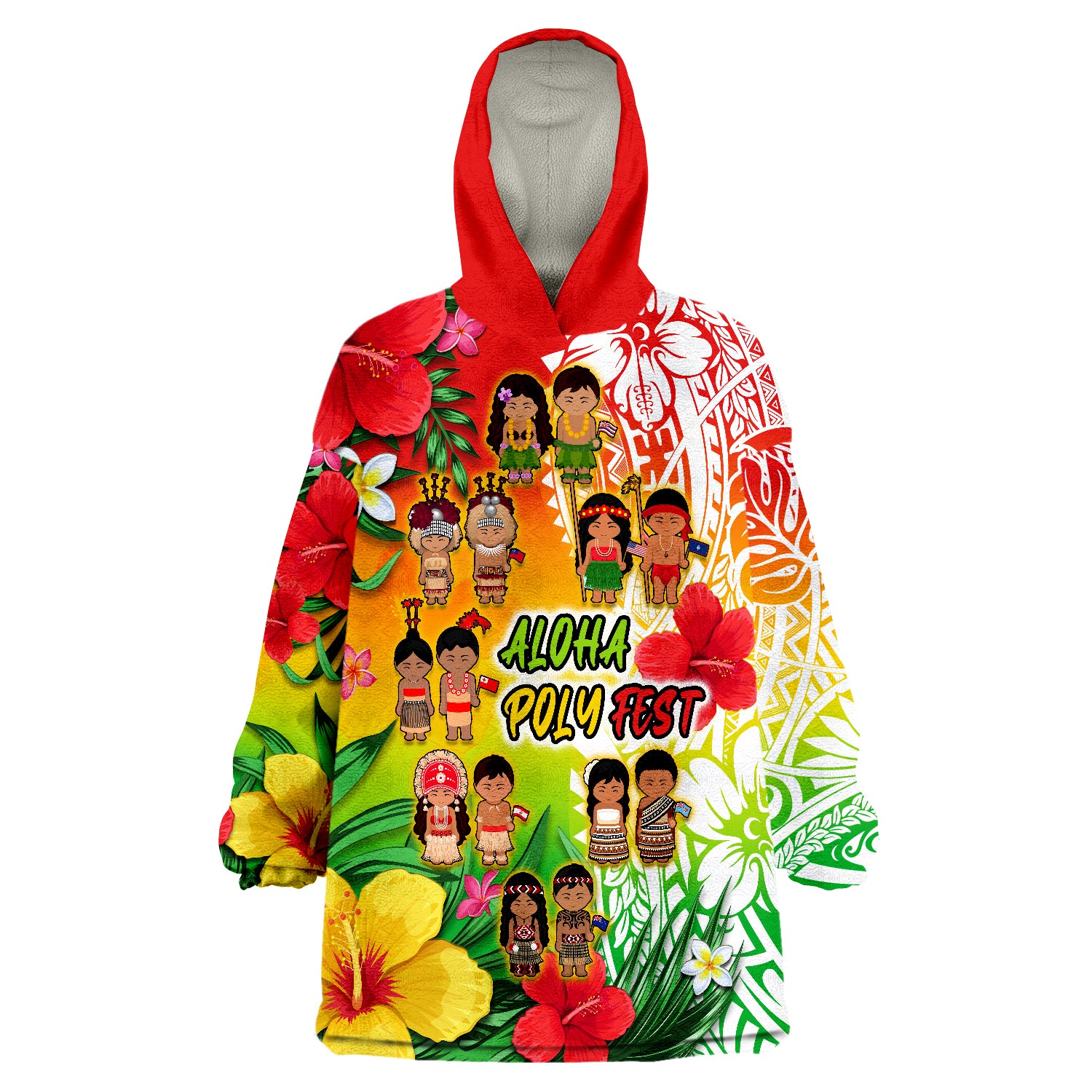 Aloha Poly Fest Polynesian Pattern With Tropical Flowers Wearable Blanket Hoodie LT14 Unisex One Size - Polynesian Pride