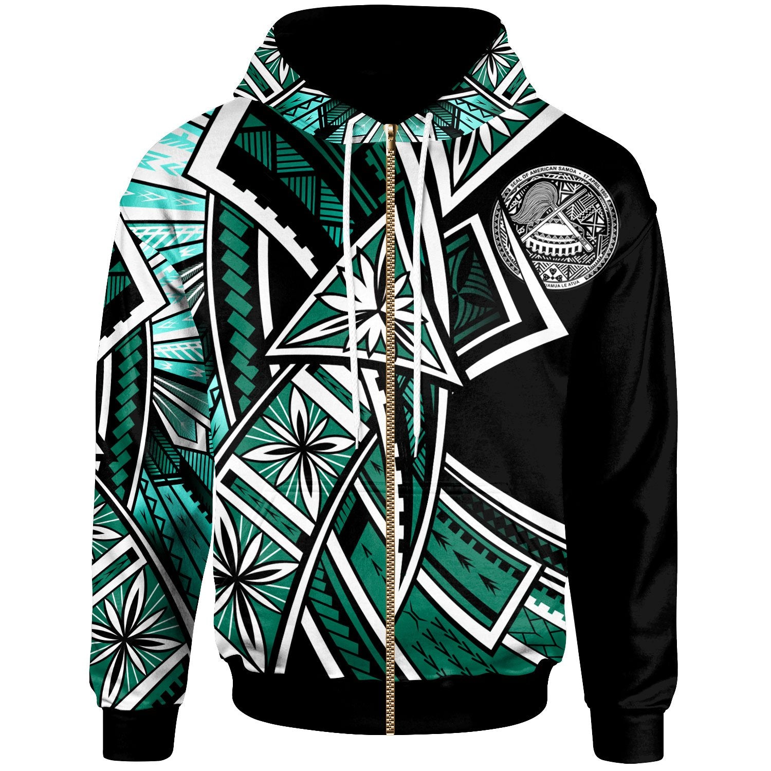 American Samoa Zip Hoodie Tribal Flower Special Pattern Green Color Unisex Green - Polynesian Pride