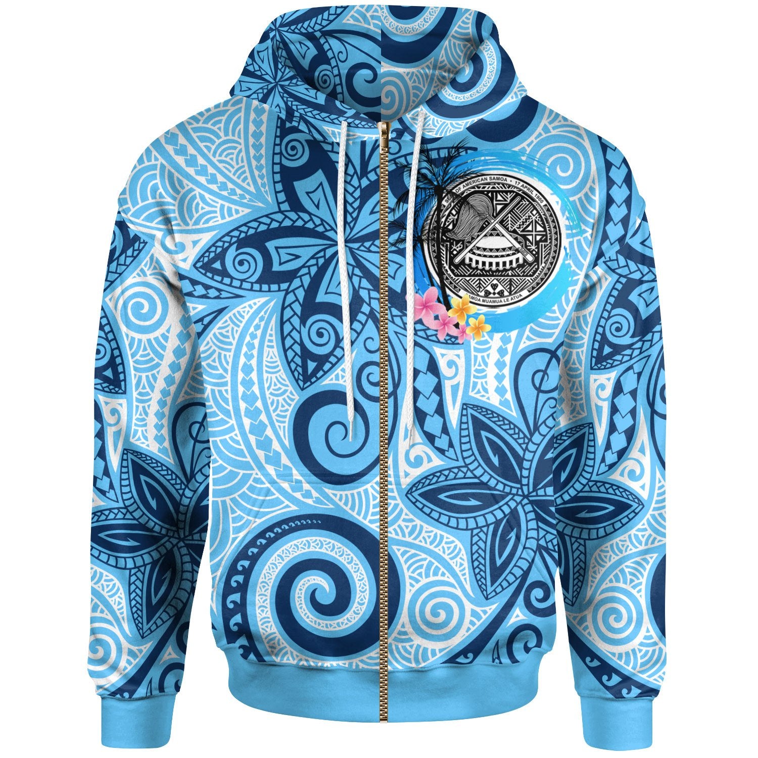 American Samoa Zip Hoodie Tribal Plumeria Pattern Unisex Blue - Polynesian Pride