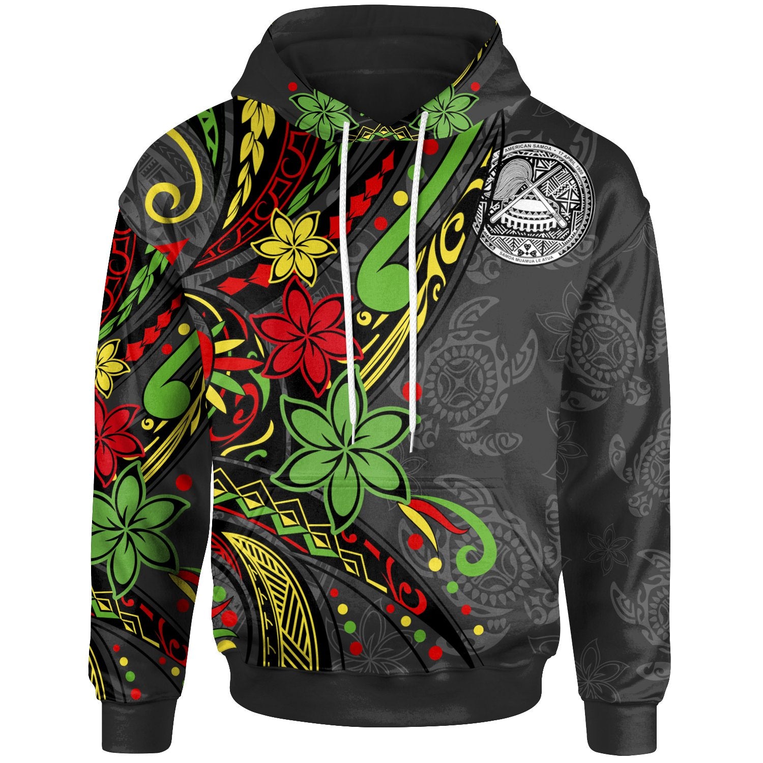 American Samoa Hoodie Tribal Flower With Special Turtles Unisex Black - Polynesian Pride