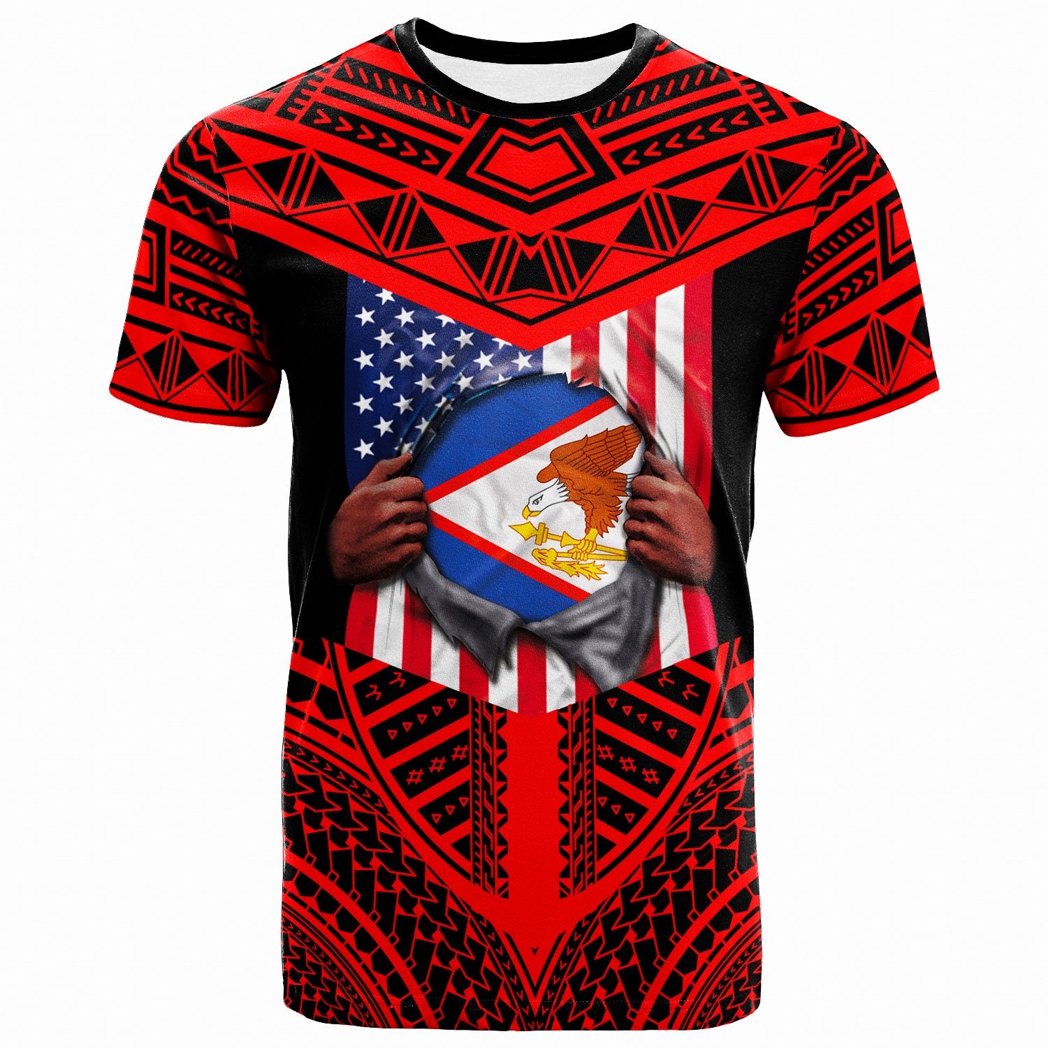 American Samoa T Shirt American Samoan Flag American Flag With Tribal Pattern Red Unisex Red - Polynesian Pride