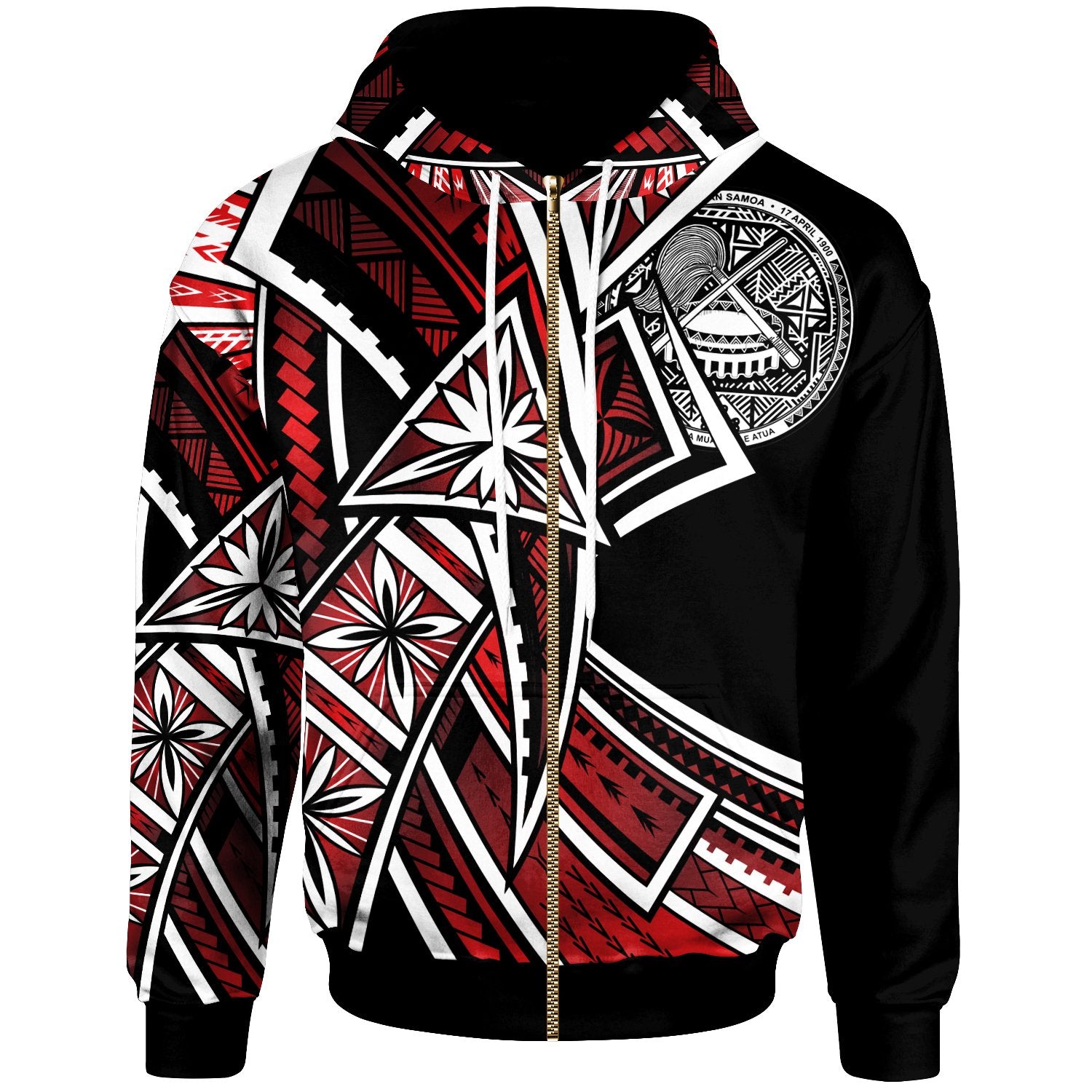 American Samoa Zip Hoodie Tribal Flower Special Pattern Red Color Unisex Black - Polynesian Pride