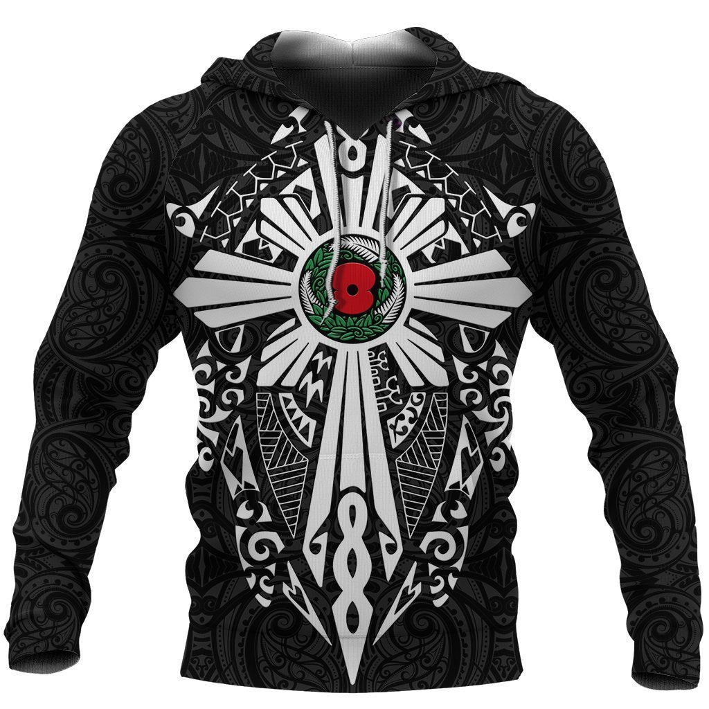 New Zealand ANZAC Hoodie, Lest We Forget Maori Cross Tattoo Pullover Hoodie Unisex Black - Polynesian Pride