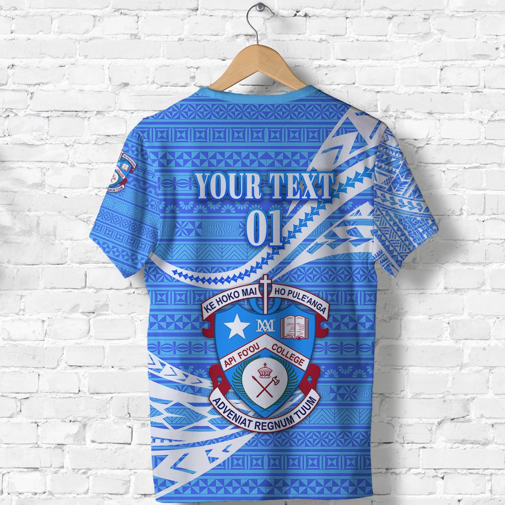 Custom Apifoou College T Shirt Tonga Unique Version Blue, Custom Text and Number - Polynesian Pride