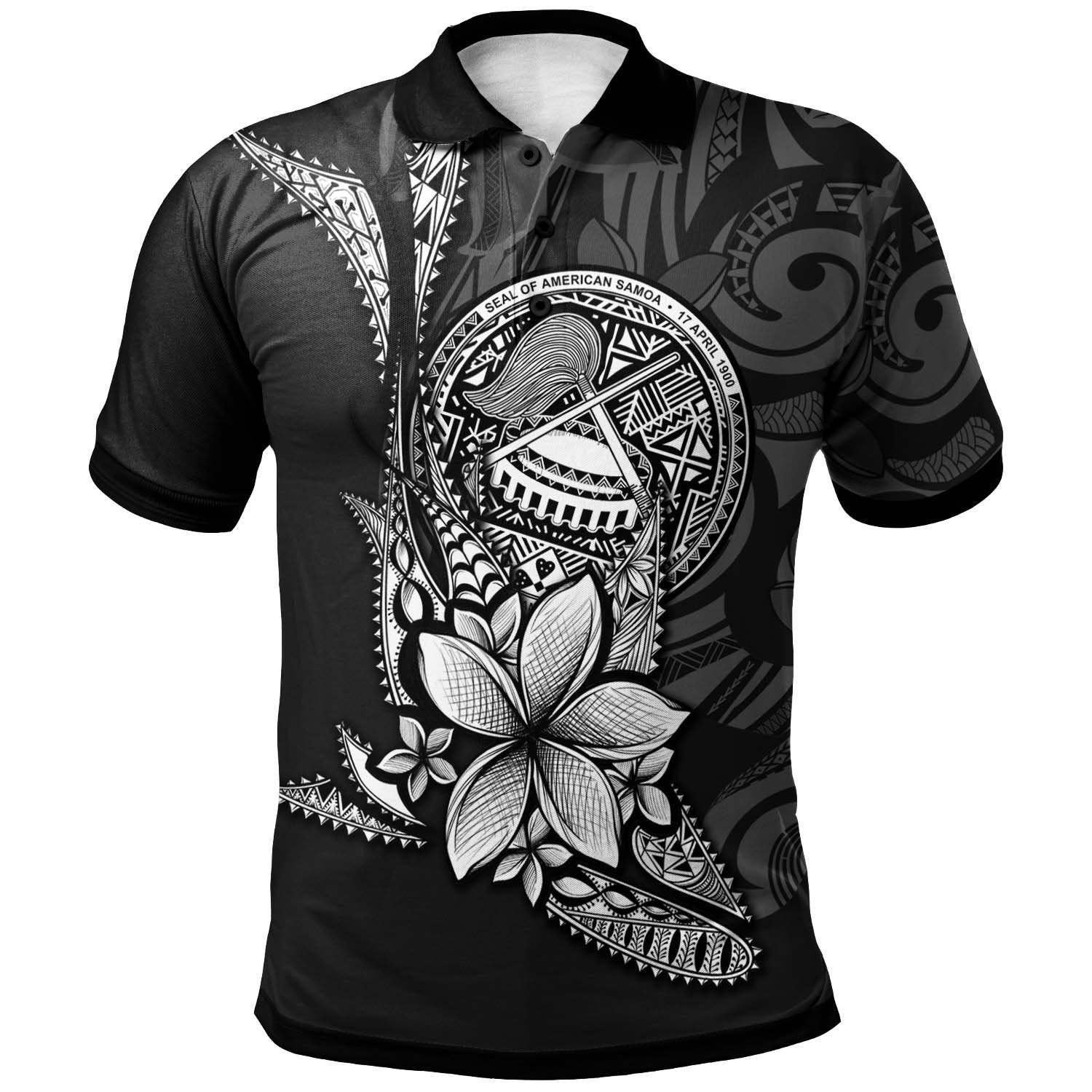 American Samoa Polo Shirt Fish With Plumeria Flowers Style Unisex Black - Polynesian Pride