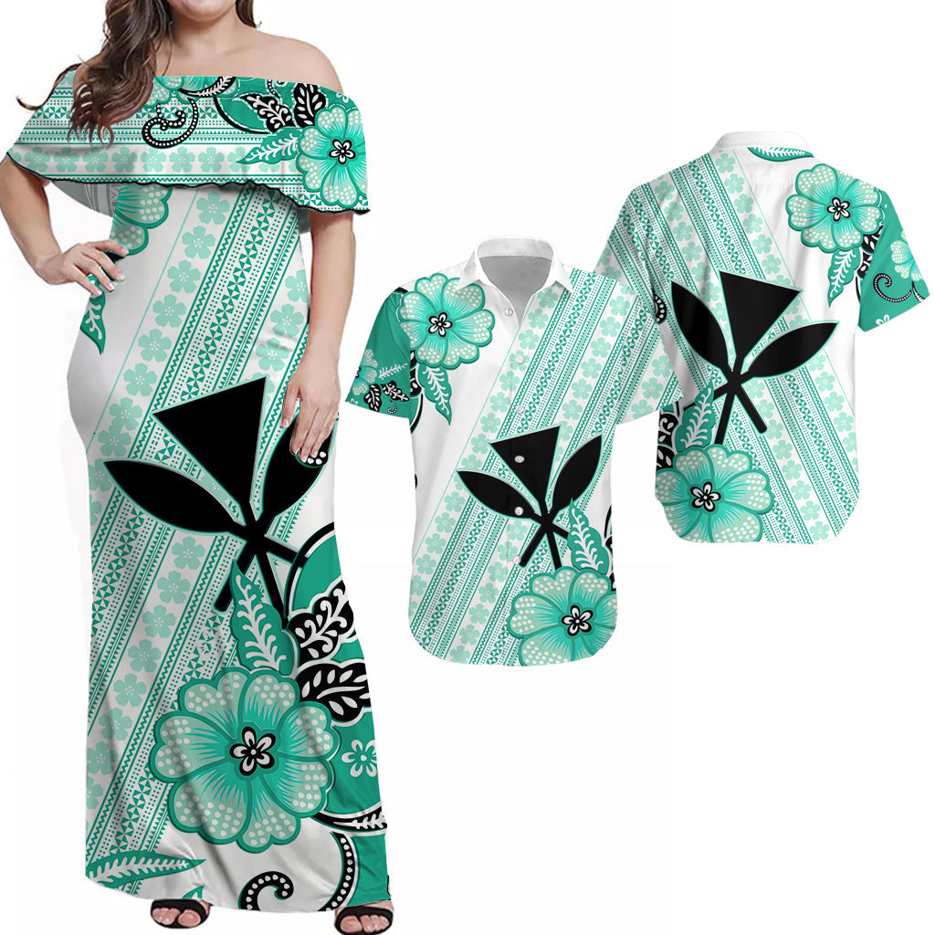 Hawaii Matching Dress and Hawaiian Shirt Kakau Tribal Turquoise Batik Floral Ver.02 LT13 Turquoise - Polynesian Pride