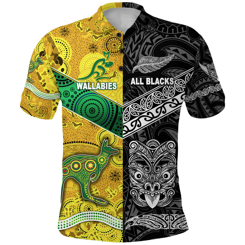 Custom New Zealand Australia Rugby Polo Shirt Maori All Black and Aboriginal Wallabies Together LT8 - Polynesian Pride