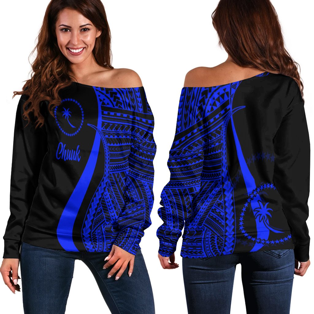 Chuuk Women's Off Shoulder Sweater - Blue Polynesian Tentacle Tribal Pattern Blue - Polynesian Pride