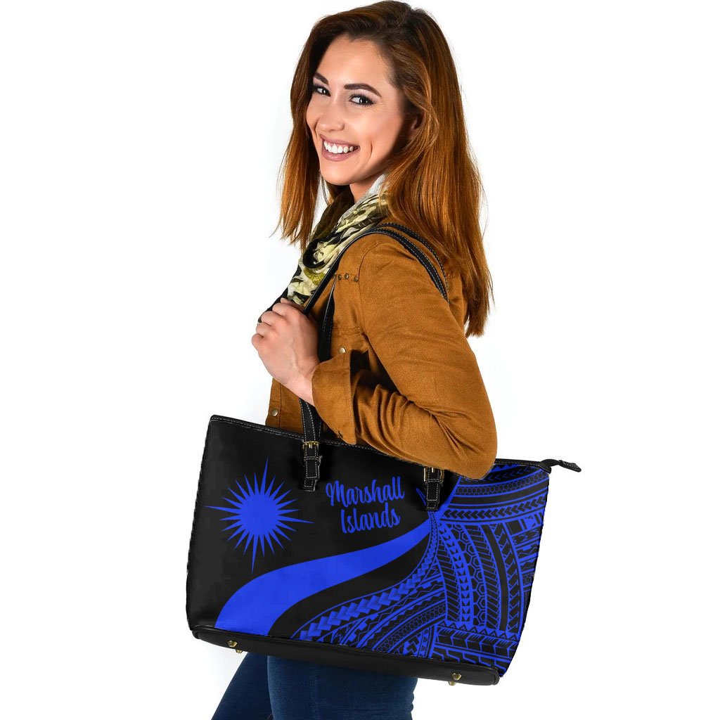 Marshall Islands Large Leather Tote Bag - Blue Polynesian Tentacle Tribal Pattern Blue - Polynesian Pride