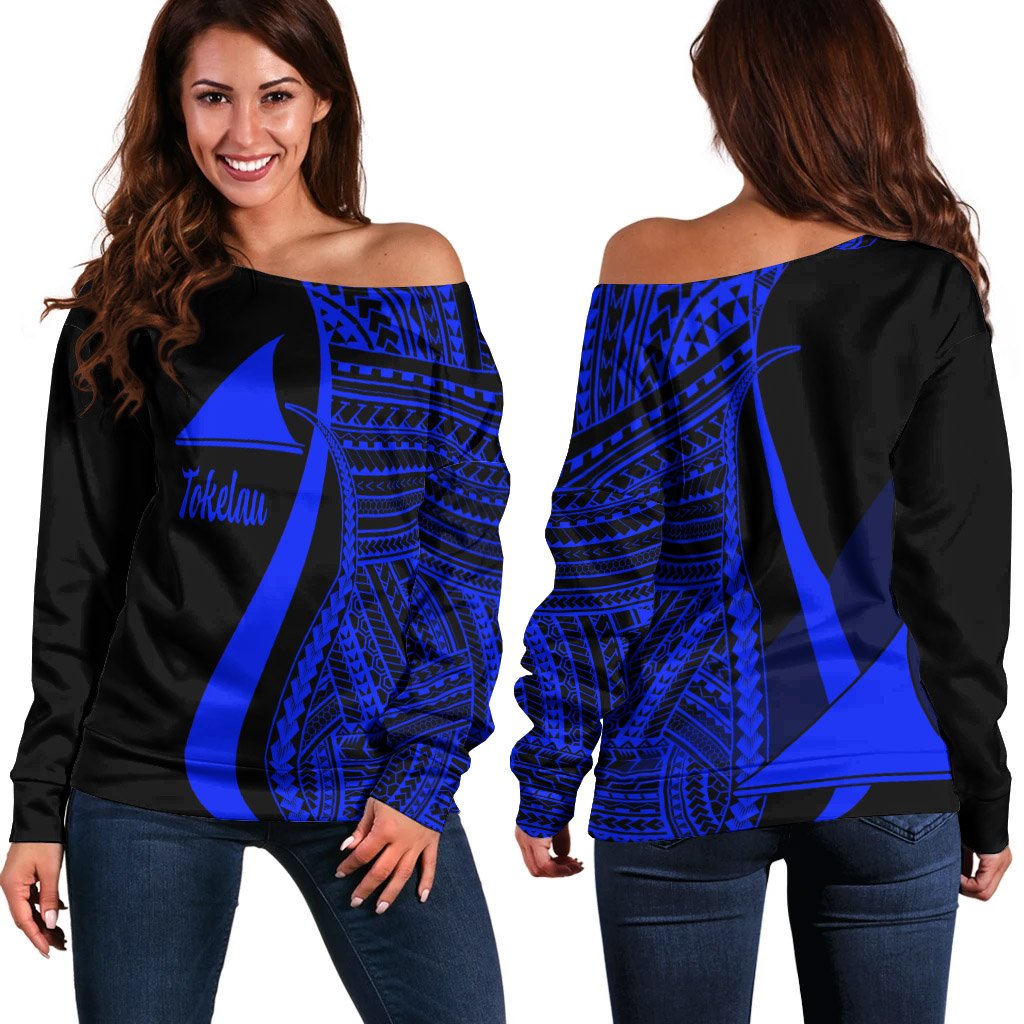 Tokelau Women's Off Shoulder Sweater - Blue Polynesian Tentacle Tribal Pattern Blue - Polynesian Pride