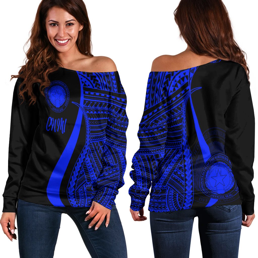 Northern Mariana Islands Women's Off Shoulder Sweater - Blue Polynesian Tentacle Tribal Pattern Blue - Polynesian Pride