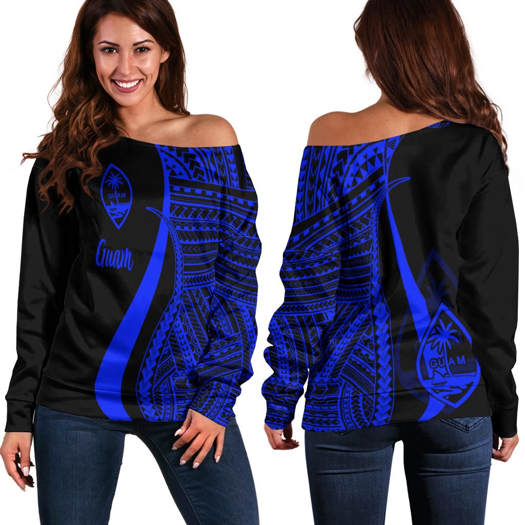 Guam Women's Off Shoulder Sweater - Blue Polynesian Tentacle Tribal Pattern Blue - Polynesian Pride