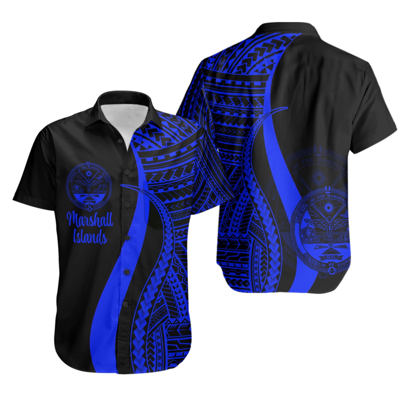 Marshall Islands Short Sleeve Shirts - Blue Polynesian Tentacle Tribal Pattern Crest Unisex Blue - Polynesian Pride