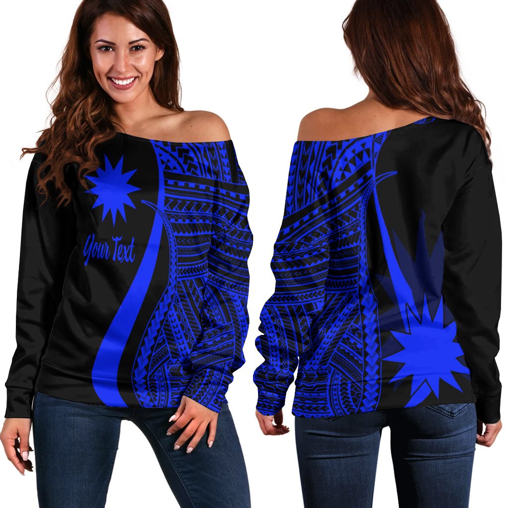 Nauru Custom Personalised Women's Off Shoulder Sweater - Blue Polynesian Tentacle Tribal Pattern Blue - Polynesian Pride