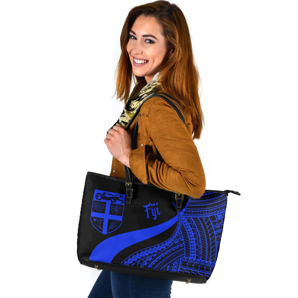 Fiji Large Leather Tote Bag - Blue Polynesian Tentacle Tribal Pattern Blue - Polynesian Pride