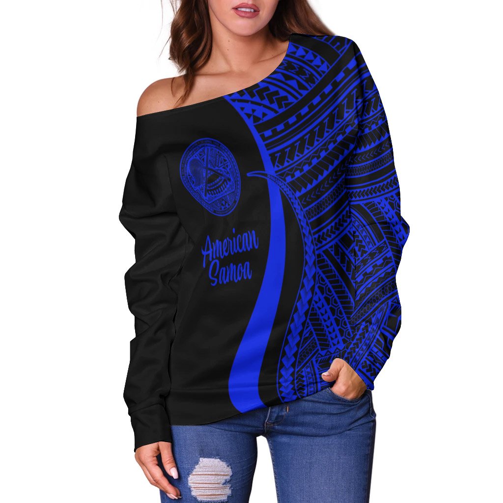 American Samoa Women's Off Shoulder Sweater - Blue Polynesian Tentacle Tribal Pattern - Polynesian Pride