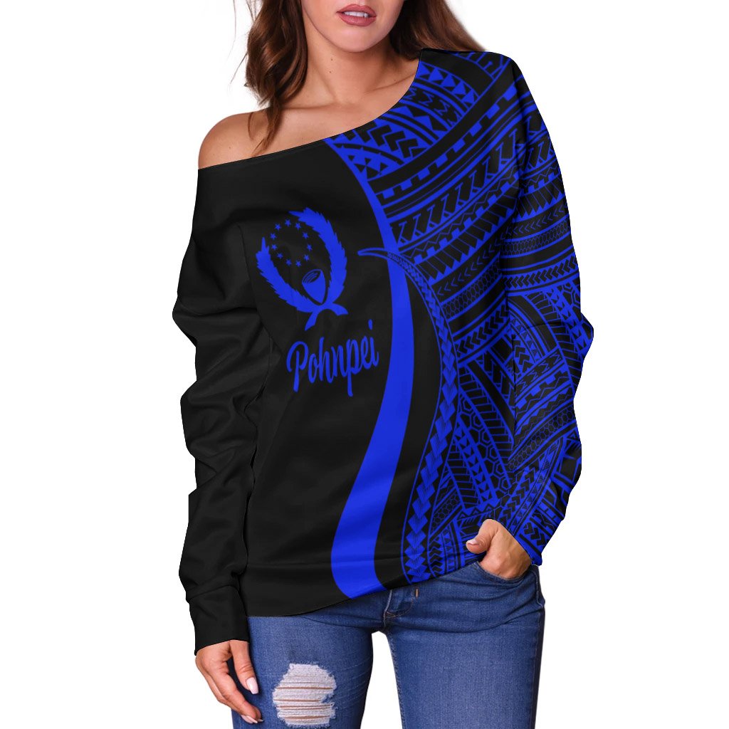 Pohnpei Women's Off Shoulder Sweater - Blue Polynesian Tentacle Tribal Pattern - Polynesian Pride