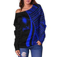 Marshall Islands Custom Personalised Women's Off Shoulder Sweater - Blue Polynesian Tentacle Tribal Pattern - Polynesian Pride