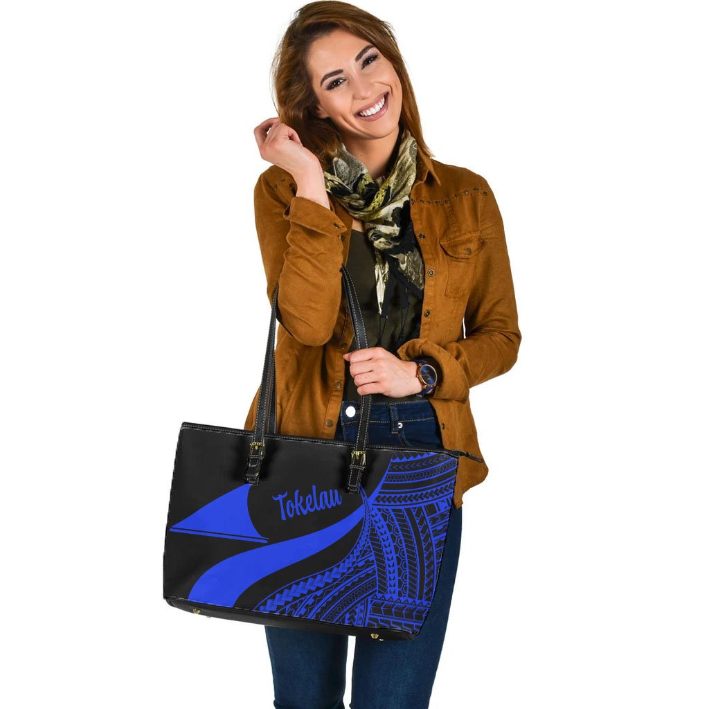 Tokelau Large Leather Tote Bag - Blue Polynesian Tentacle Tribal Pattern - Polynesian Pride