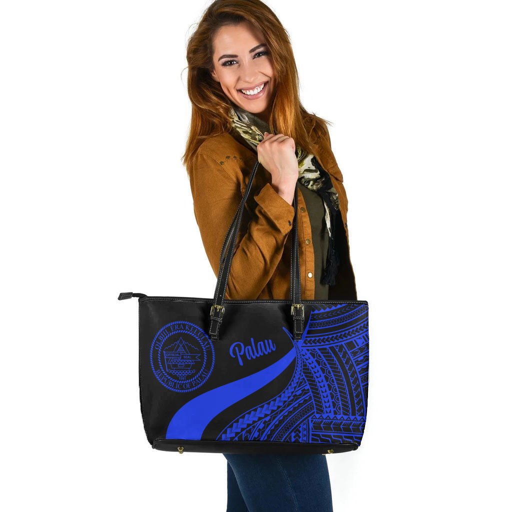 Palau Large Leather Tote Bag - Blue Polynesian Tentacle Tribal Pattern Crest - Polynesian Pride