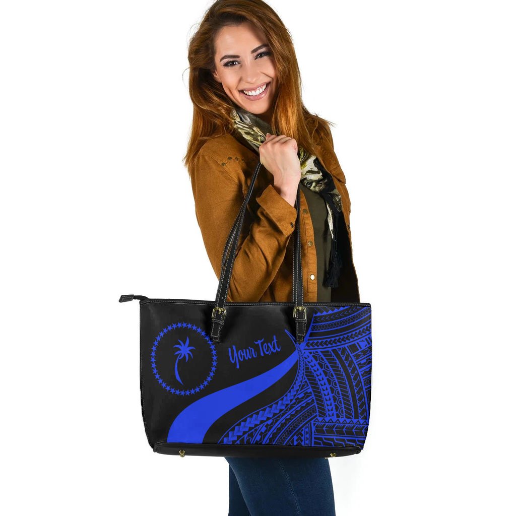 Chuuk Custom Personalised Large Leather Tote Bag - Blue Polynesian Tentacle Tribal Pattern - Polynesian Pride