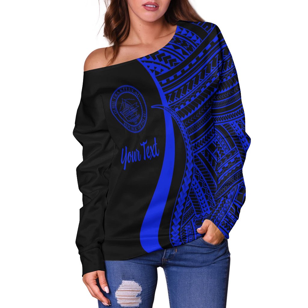 Palau Custom Personalised Women's Off Shoulder Sweater - Blue Polynesian Tentacle Tribal Pattern Crest Blue - Polynesian Pride