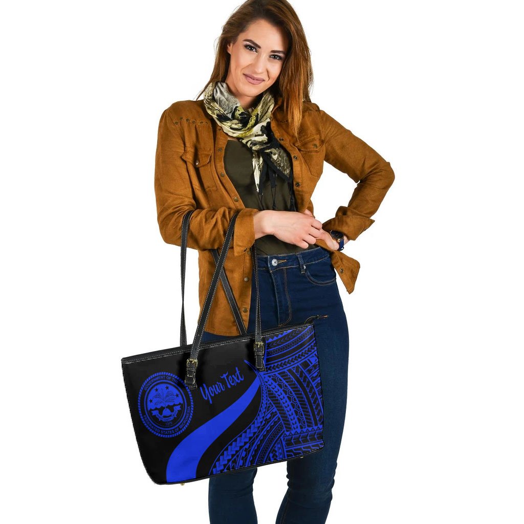 Federated States of Micronesia Custom Personalised Large Leather Tote Bag - Blue Polynesian Tentacle Tribal Pattern - Polynesian Pride