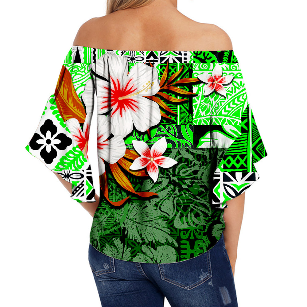 Hawaii Shark Off Shoulder Waist Wrap Top Green Style LT6 - Polynesian Pride