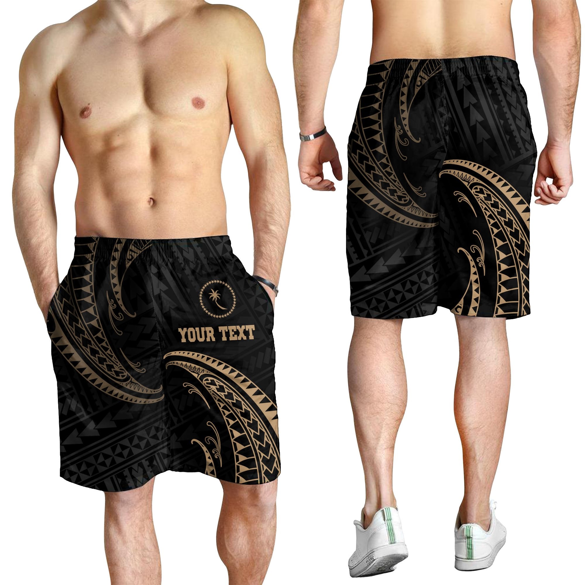 Chuuk Polynesian Custom Personalised Men's Short - Gold Tribal Wave - Polynesian Pride