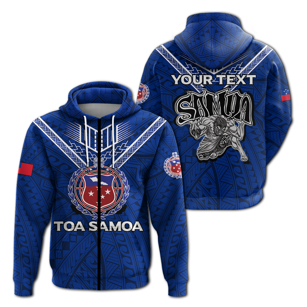 Custom Toa Samoa Rugby Hoodie Samoan Warrior Pride LT12 Zip Hoodie Blue - Polynesian Pride