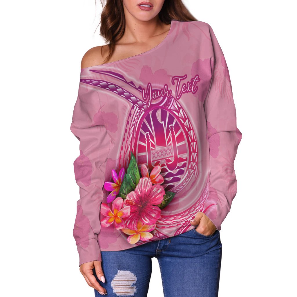 Tahiti Polynesian Custom Personalised Women's Off Shoulder Sweater - Floral With Seal Pink - Polynesian Pride