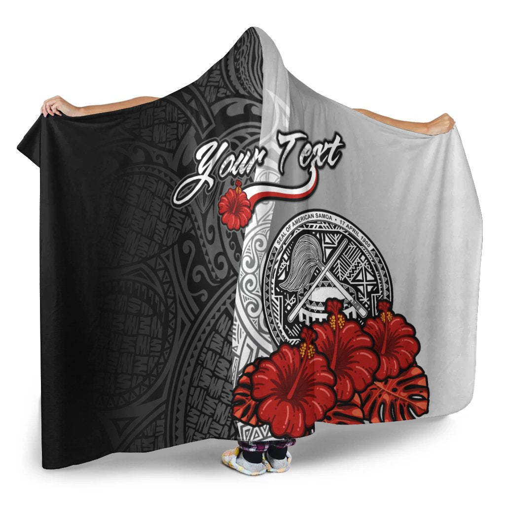 American Samoa Polynesian Custom Personalised Hooded Blanket - Coat Of Arm With Hibiscus White - Polynesian Pride