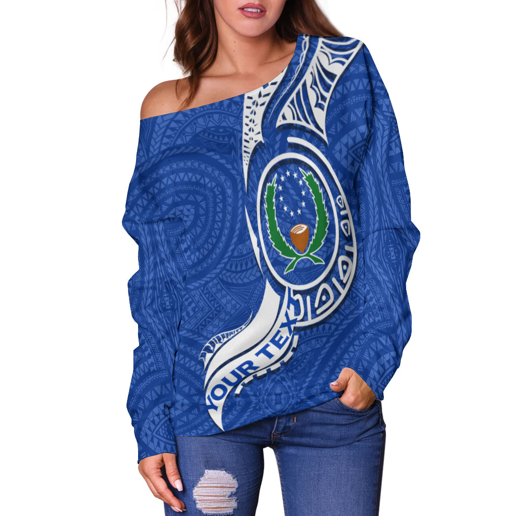 (Custom Personalised) Pohnpei Women Off Shoulder Sweater - Micronesia Pride Blue - LT12 - Polynesian Pride