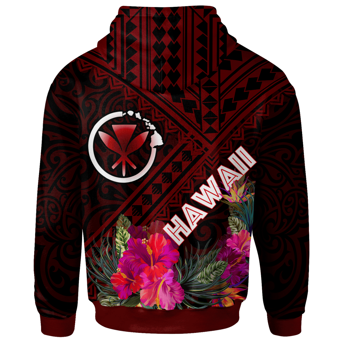 Hawaii Zip up Hoodie Kanaka Maoli With Hibiscus On Polynesian Patterns (RED) - Polynesian Pride