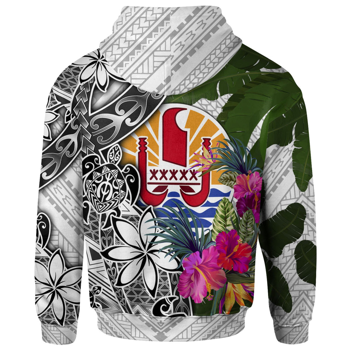 Tahiti Zip up Hoodie White Turtle Plumeria Banana Leaf - Polynesian Pride
