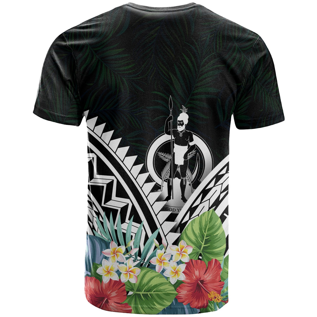 Vanuatu Polynesian T Shirt Vanuatuan Coat of Arms & Polynesian Tropical Flowers White - Polynesian Pride