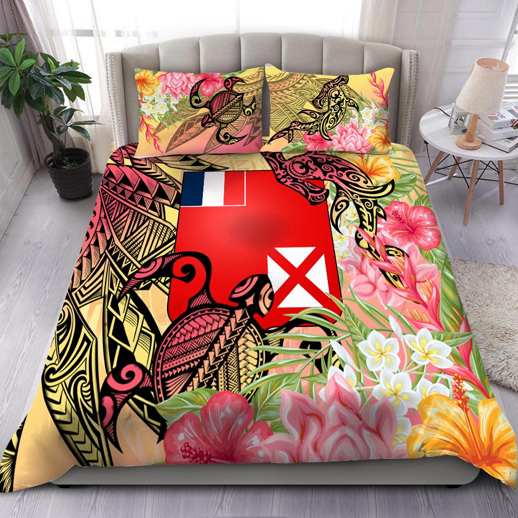 Wallis And Futuna Bedding Set - Flowers Tropical With Sea Animals Pink - Polynesian Pride