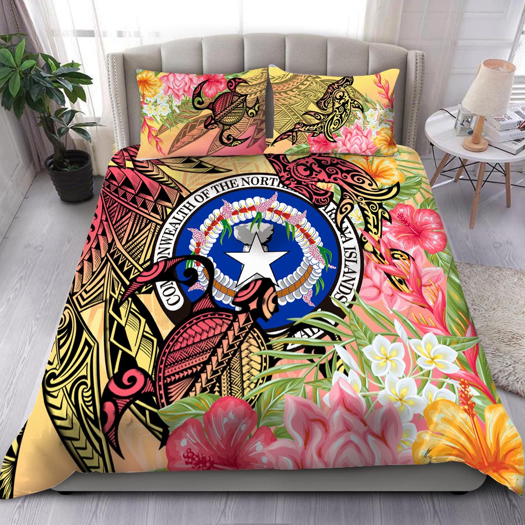 Northern Mariana Islands Bedding Set - Flowers Tropical With Sea Animals Pink - Polynesian Pride