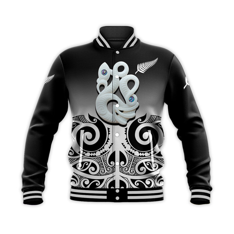 (Custom Personalised) New Zealand Rugby Baseball Jacket - Maori Manaia Black style LT6 Unisex Black - Polynesian Pride