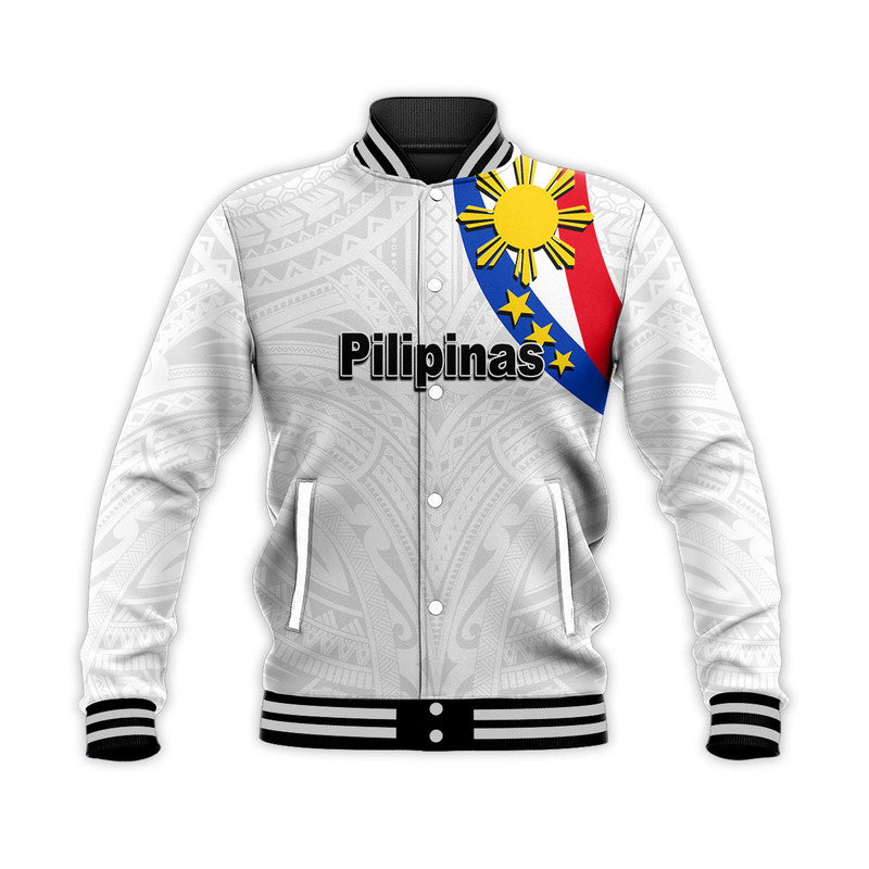 (Custom Personalised) Pilipinas Baseball Jacket Simple Style - White LT6 Unisex White - Polynesian Pride