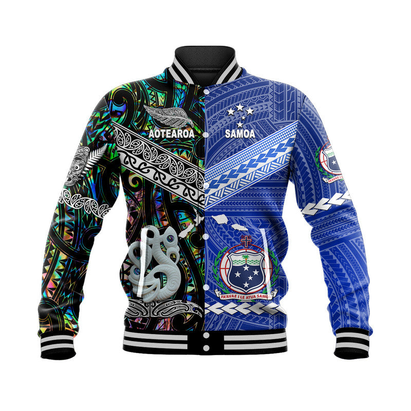 Samoa And New Zealand Baseball Jacket Together - Paua Shell LT8 Unisex Blue - Polynesian Pride