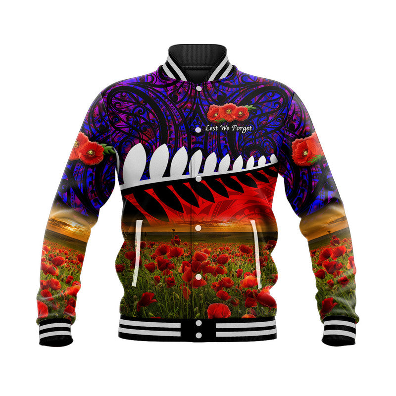 (Custom Personalised) New Zealand Maori ANZAC Baseball Jacket Poppy Vibes - Purple LT8 Unisex Purple - Polynesian Pride