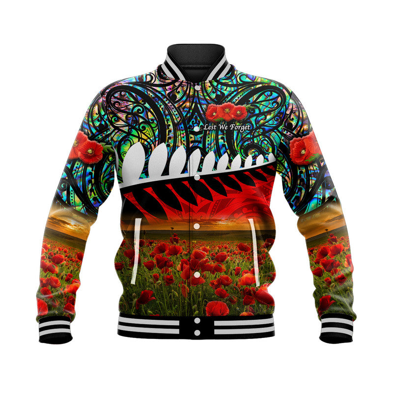 (Custom Personalised) New Zealand Maori ANZAC Baseball Jacket Poppy Vibes - Paua Shell LT8 Unisex Green - Polynesian Pride