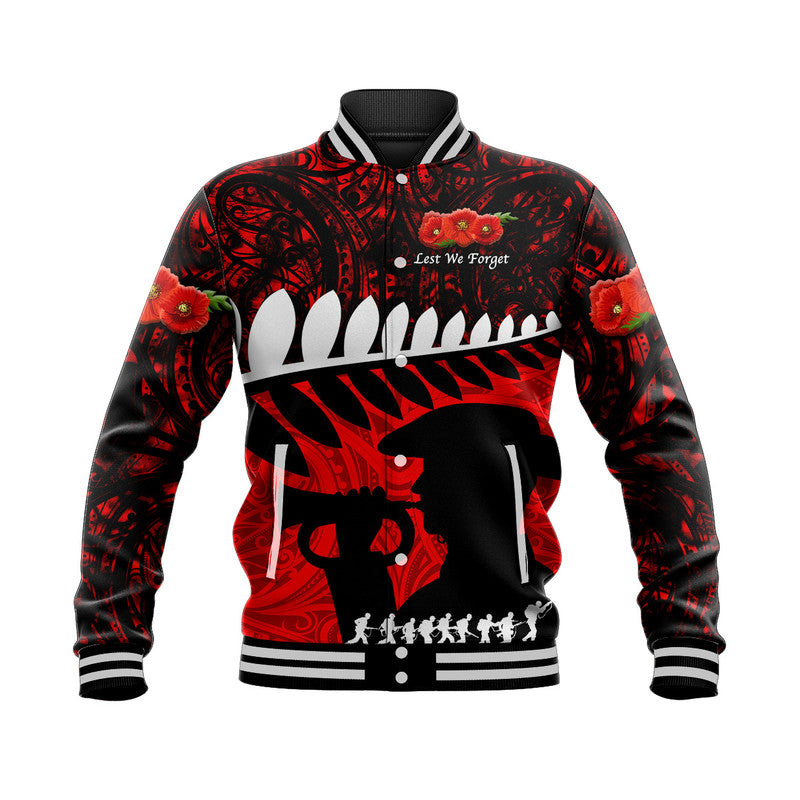 (Custom Personalised) New Zealand Maori ANZAC Baseball Jacket Remembrance Soldier - Red LT8 Unisex Red - Polynesian Pride