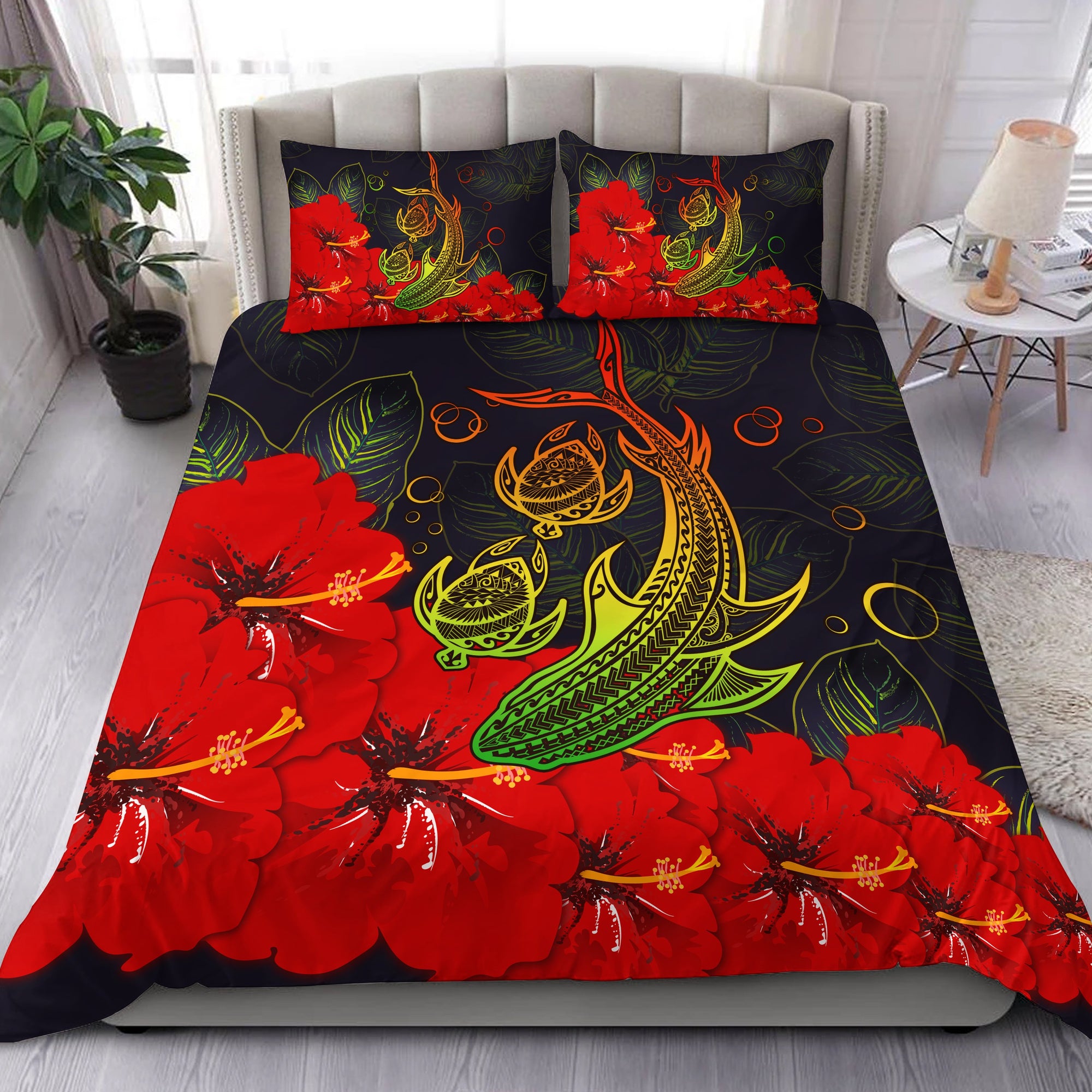 Hawaii Shark Turtle Hibiscus Bedding Set - Vera Style - AH Black - Polynesian Pride