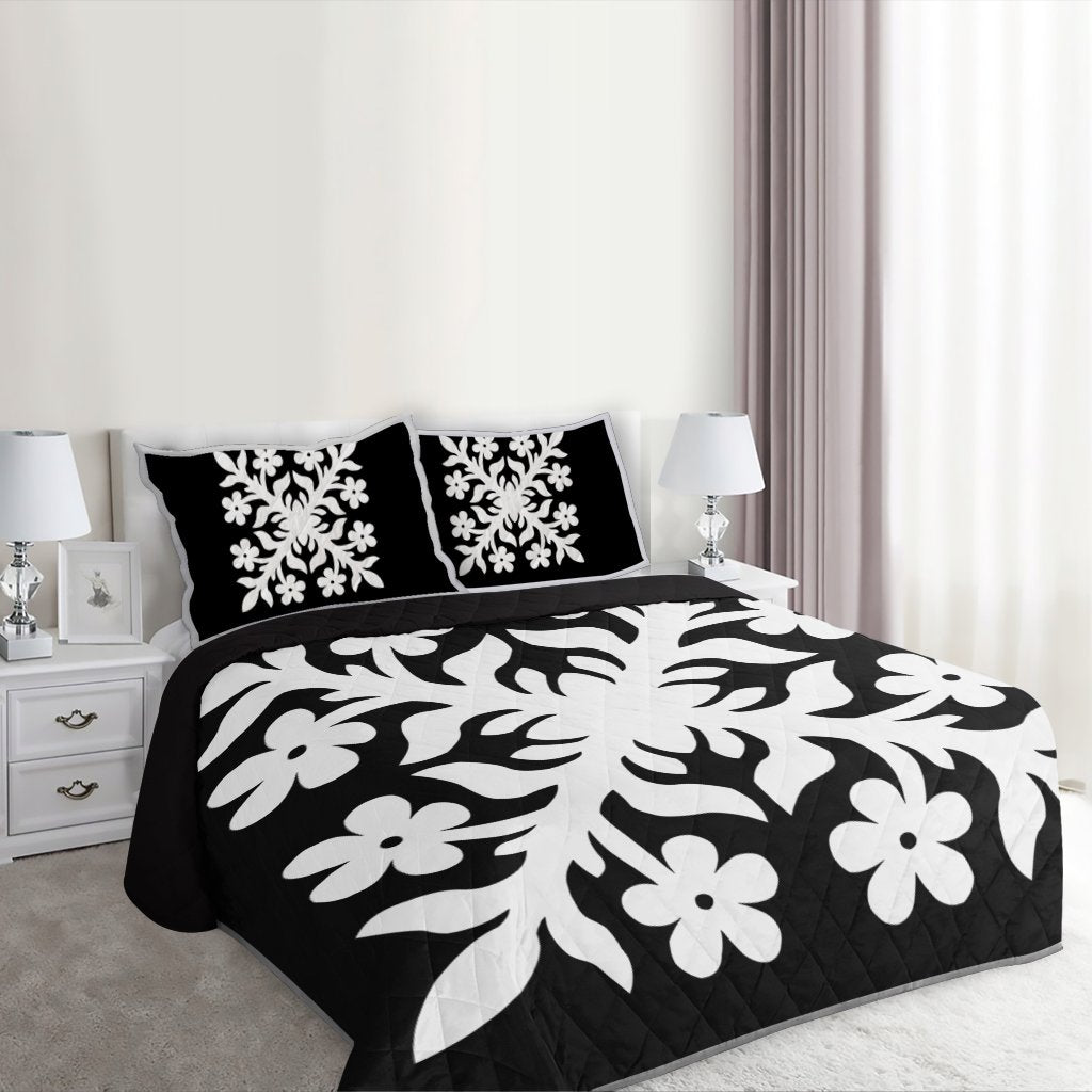 Hawaiian Royal Pattern Quilt Bed Set - Black And White - C2 Style - AH - Polynesian Pride