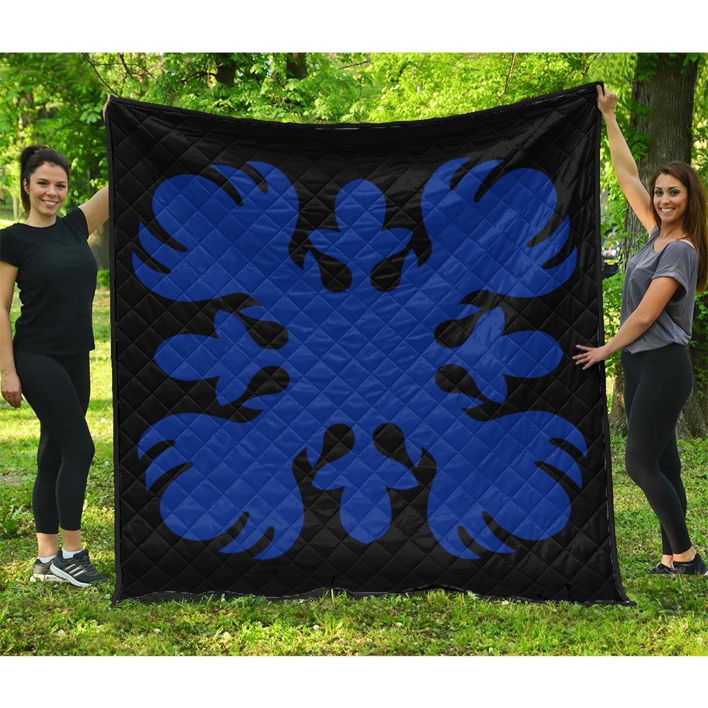 Hawaii Royal Pattern Premium Quilt - Black And Blue - O2 Style - AH Blue - Polynesian Pride